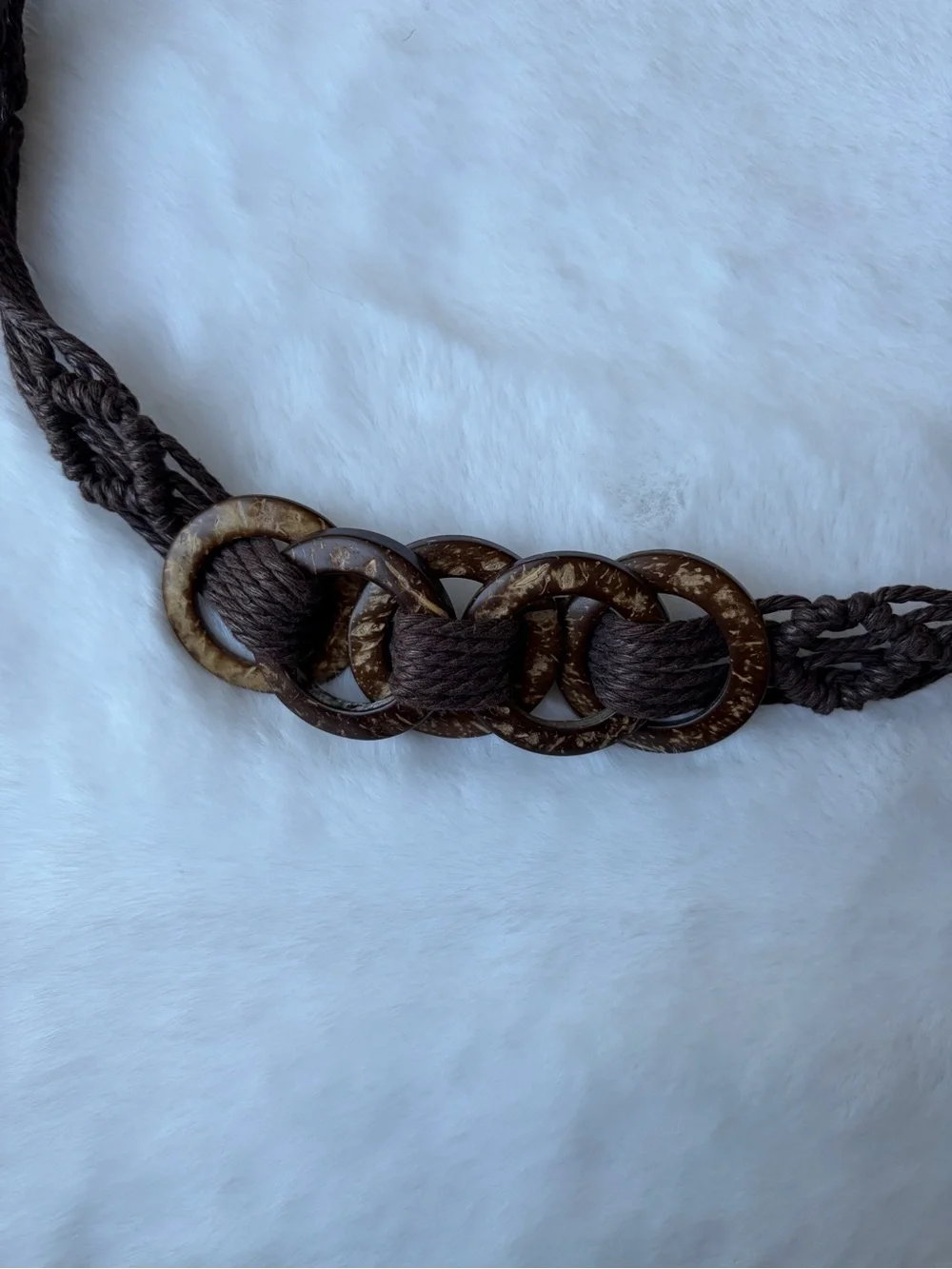 Y2K Brown Braided Rope Belt Wooden Ring Boho Hippie Waist Belt